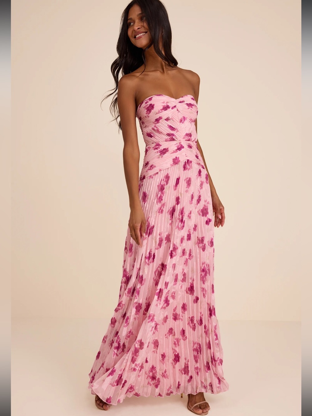 Lulus Light Pink Floral Pleated Drop Waist Maxi Dress